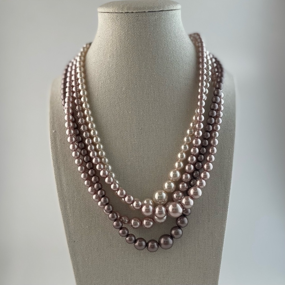 Gorgeous Jewelry Graduated Multi-Strand Faux Pearl Necklace Pink Neutral Tones